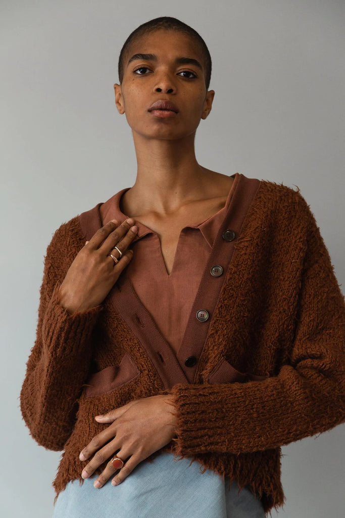 tobacco cardigan shawl collar lambswool jacket Color tobacco/natural Anny Cardigan | Tobacco